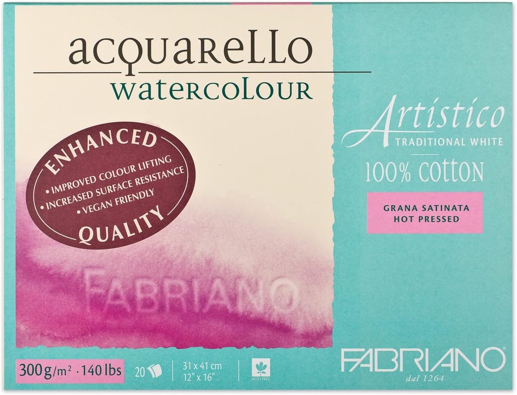 Fabriano Artistico Acquarello Watercolor 20 sheets 300 gm (COTTON), Hot Pressed