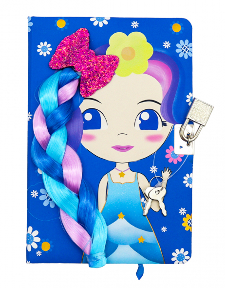 Diary Book, Girl Character with Long Hair with Lock and Key