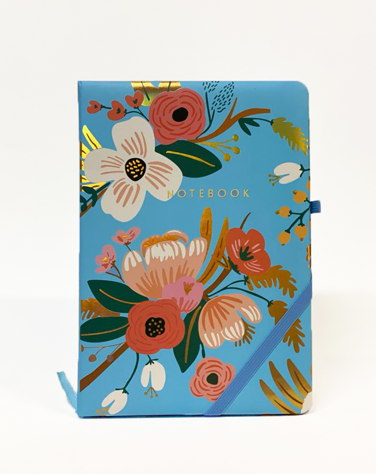 Notebook A5 Hardcover with Rubber and Pen Holder, Blue Flowers