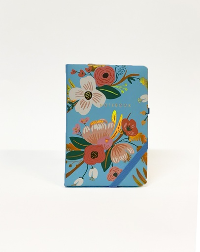 Notebook A6 Hardcover with Rubber and Pen Holder, Blue Flowers