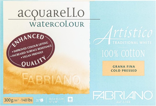 Fabriano Artistico Acquarello Watercolor Traditional White 300 gm (COTTON), Cold Pressed